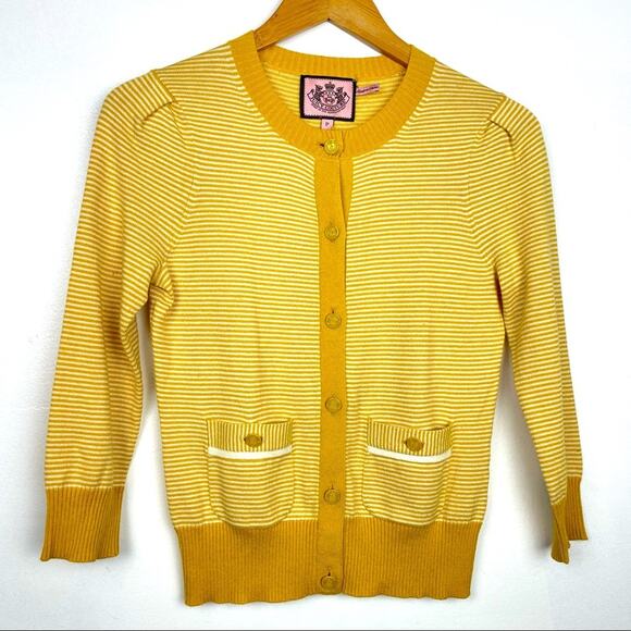 Juicy Couture | Cardigan Sweater Mustard Yellow Stripes Collegiate - Picture 1 of 5